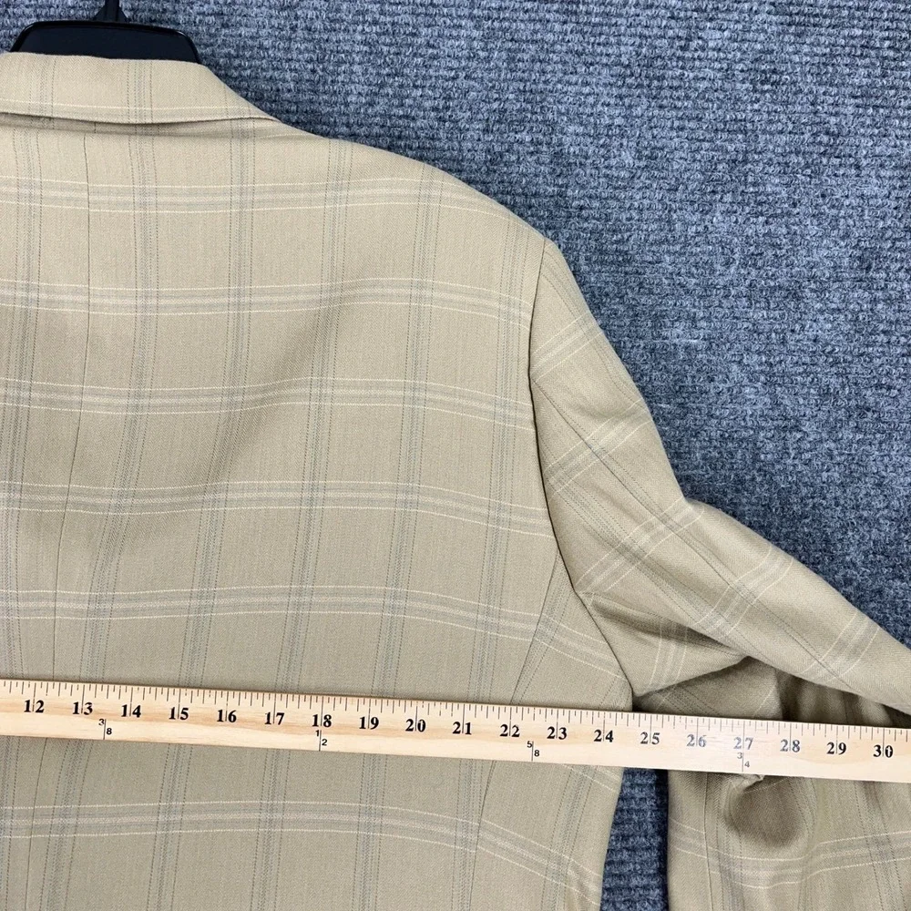 Alan Flusser Worsted Wool‎ Bamboo Plaid Blazer Sport Coat Tan Blue 46L Mens